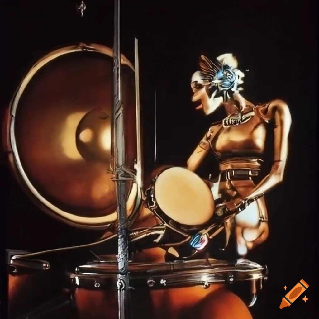 1970's airbrush sci-fi art depicting ancient tribal biomechanoids playing futuristic drums in a lab setting