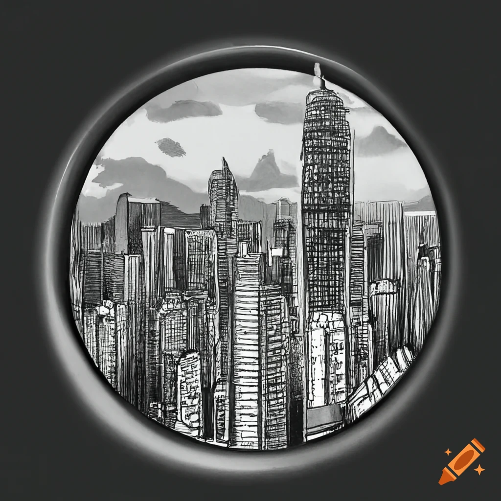Hong Kong skyline and landmark within a circular design in black and white