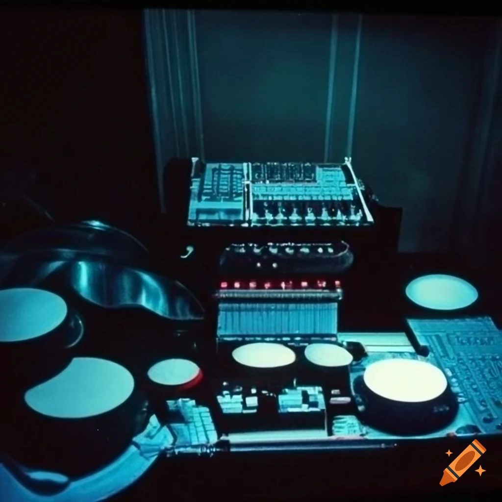 Collection of retro-futuristic electronic percussion instruments in the ...