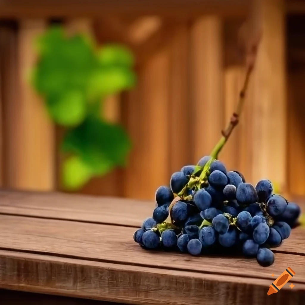 Grapes on a wooden table with a vineyard and palace in the background