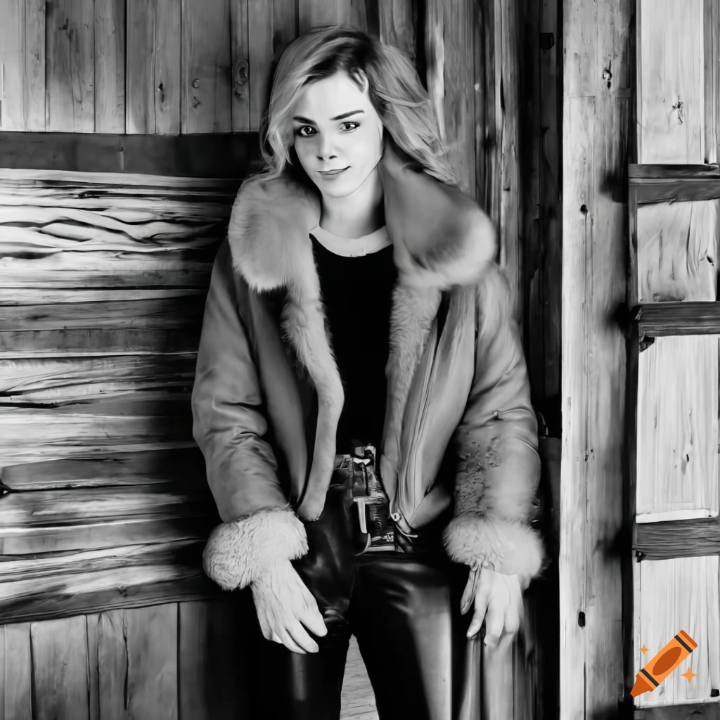 Young woman in a sheepskin bomber jacket and black leather trousers ...