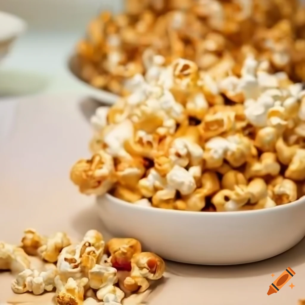 Bowl of popcorn with peanuts and peanut butter in a kitchen setting