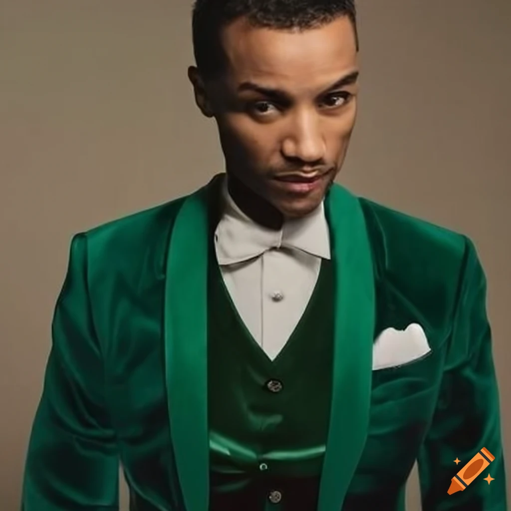 Groom in green velvet jacket, black shirt, and white bowtie at elegant ...