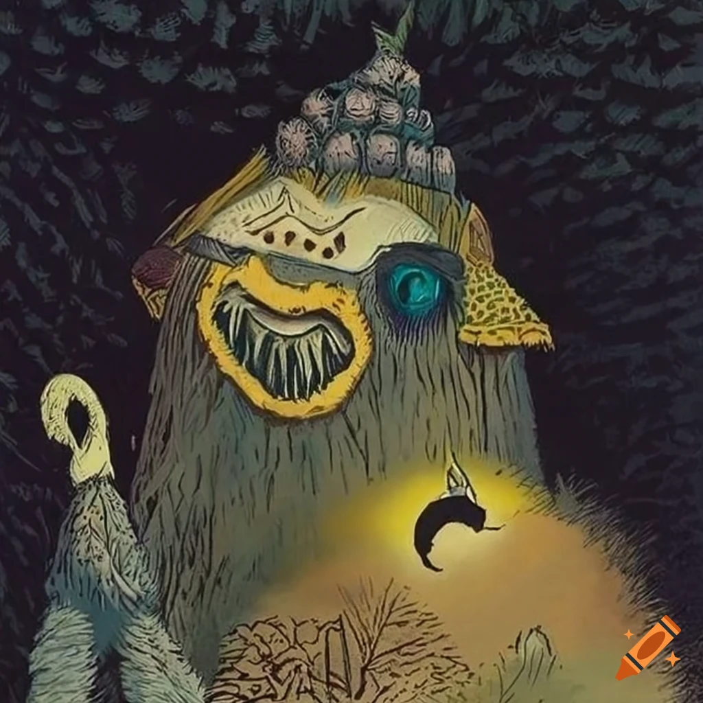 Intricate woodcut art of Baba Yaga's mythical hut on giraffe legs, fur, and feathers