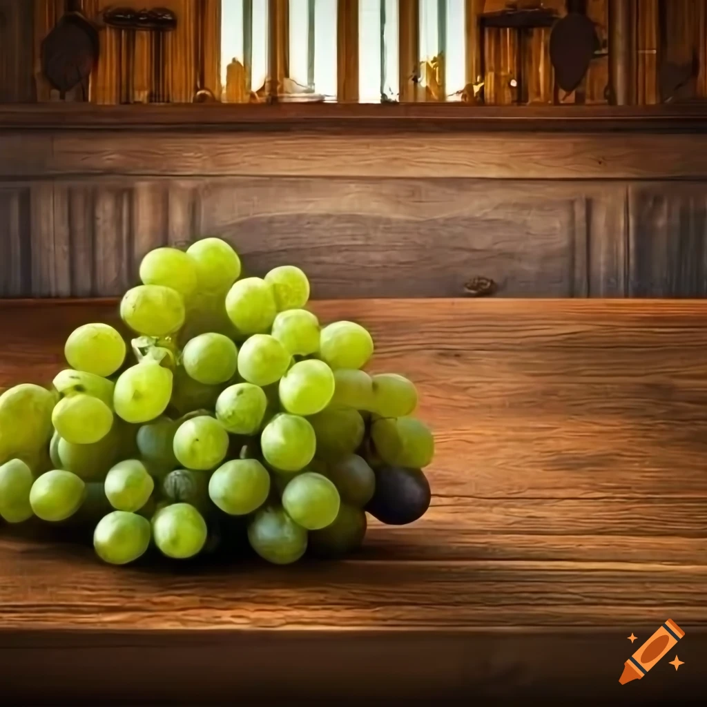 Grapes on a wooden table with a vineyard and palace in the background
