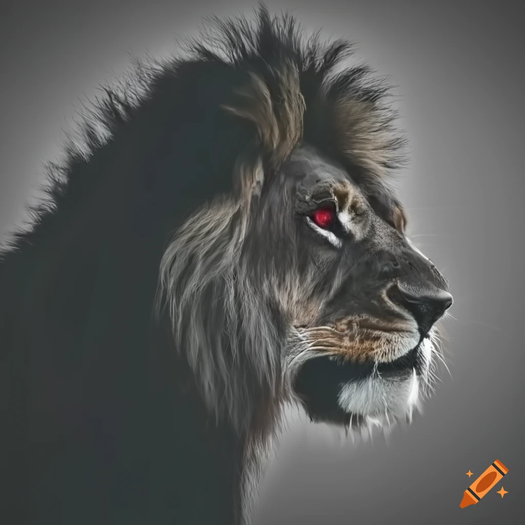 Silhouette of an imposing lion with red glowing eyes in a cage