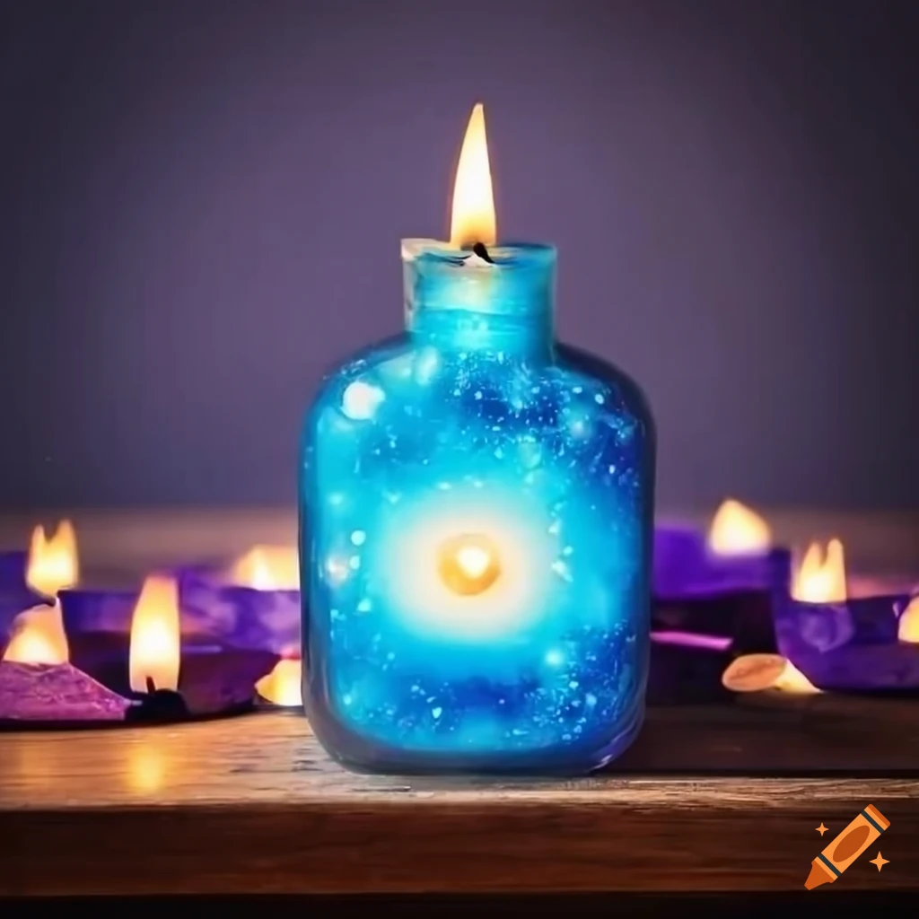 Shimmering azure potion with stars on wooden table by candles