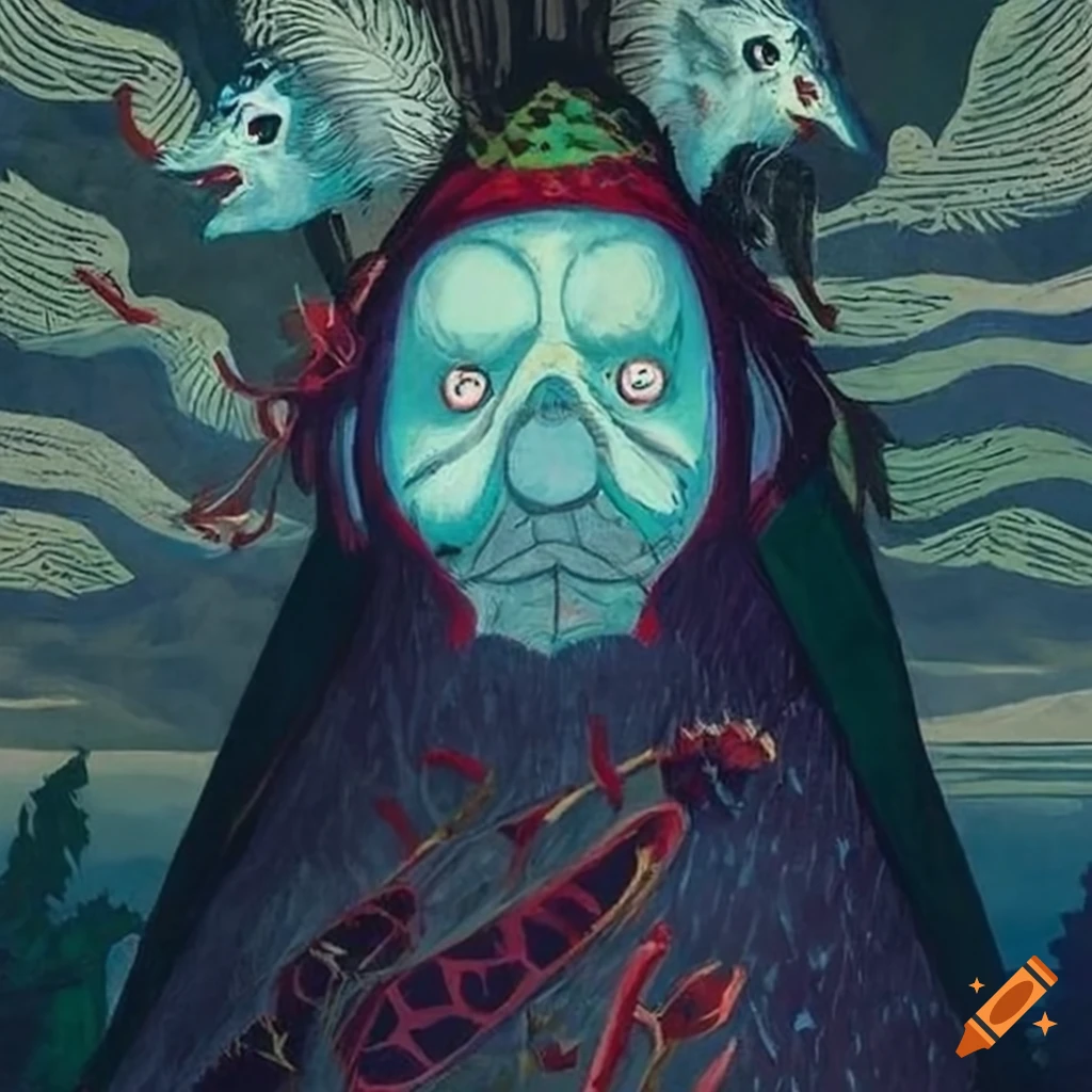 Colorful artwork of Baba Yaga's mythical hut on giraffe legs made of fur and feathers