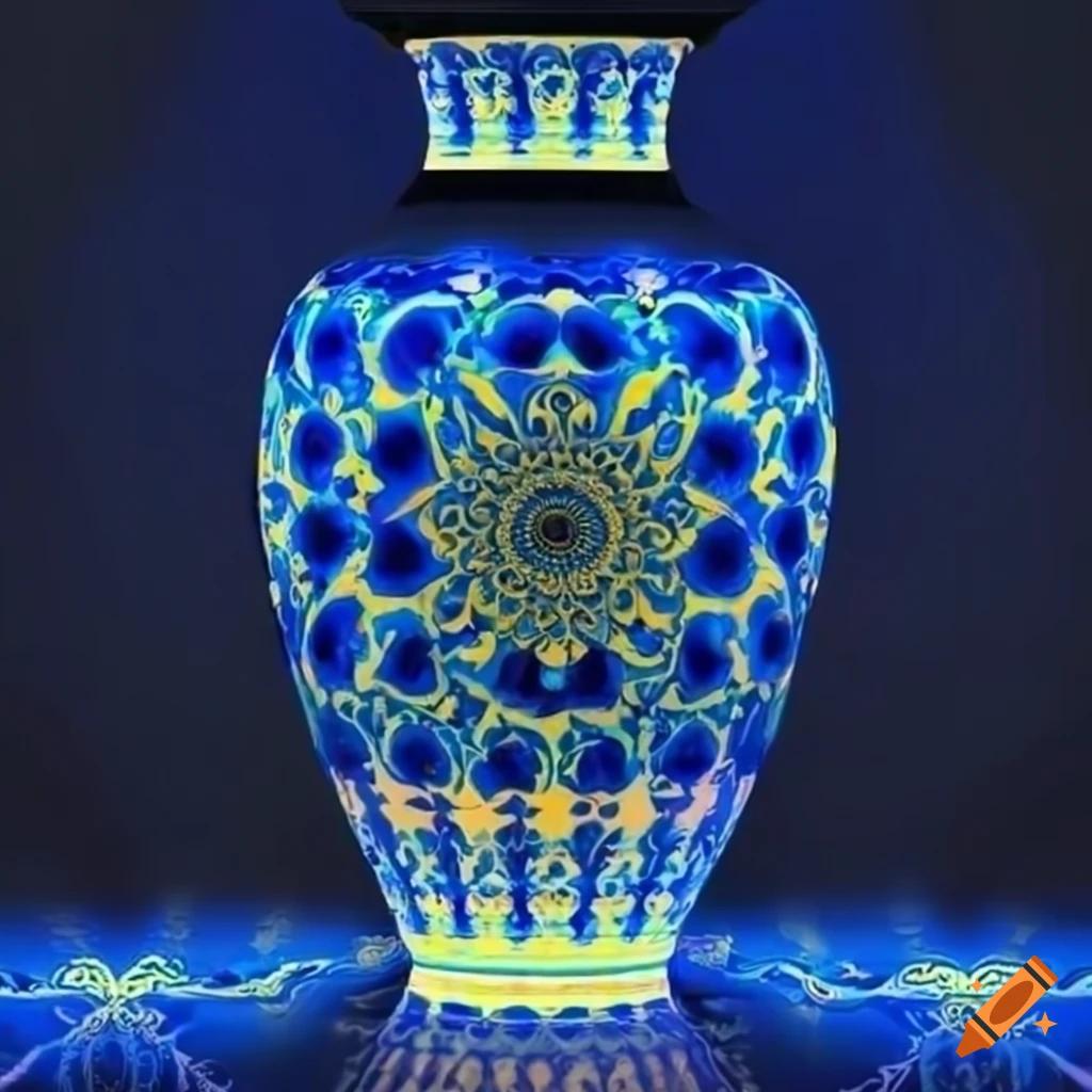 Chinese vase with blue and yellow mandala patterns under ambient lighting