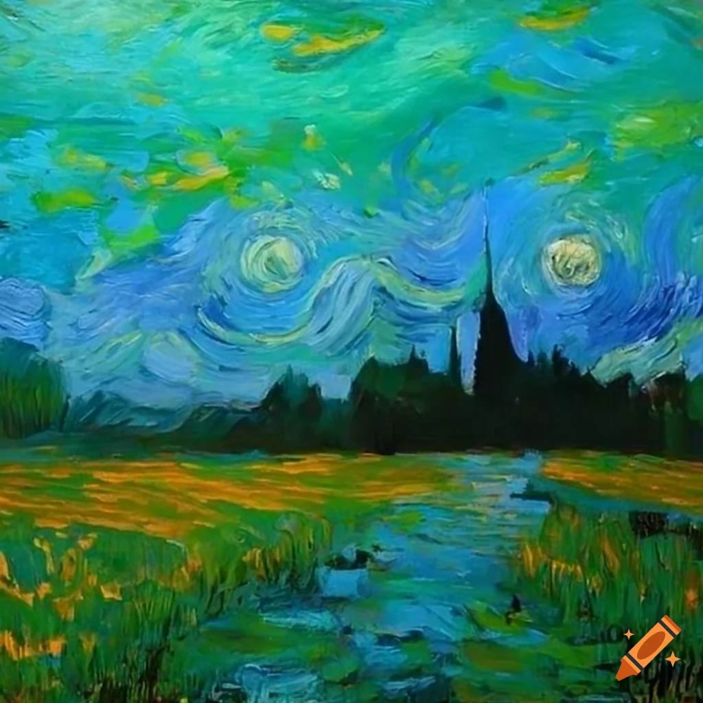 Vibrant meadows teeming with life in a style reminiscent of Van Gogh