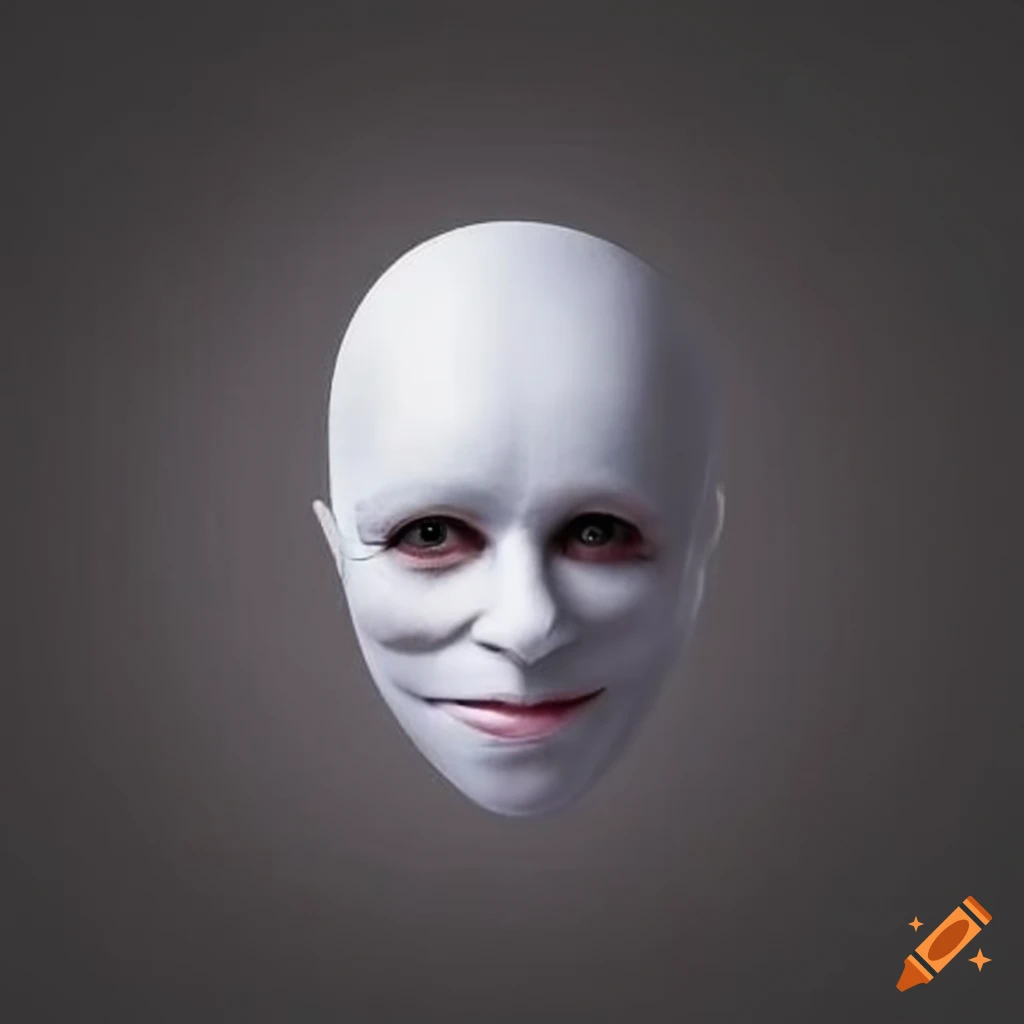 Face in white mask revealing a mysterious grin