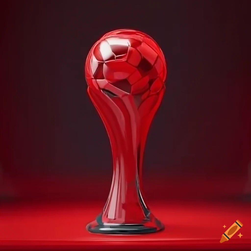 3D rendering of FIFA trophy in red translucent material with sweat beads in dramatic cinematic theme