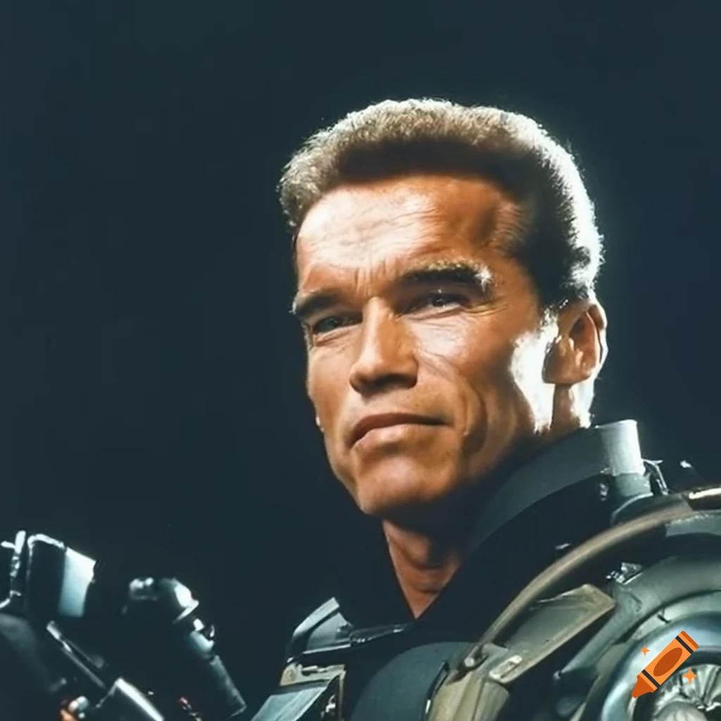 Arnold Schwarzenegger as Cable from X-Men with cybernetic left arm and grey hair