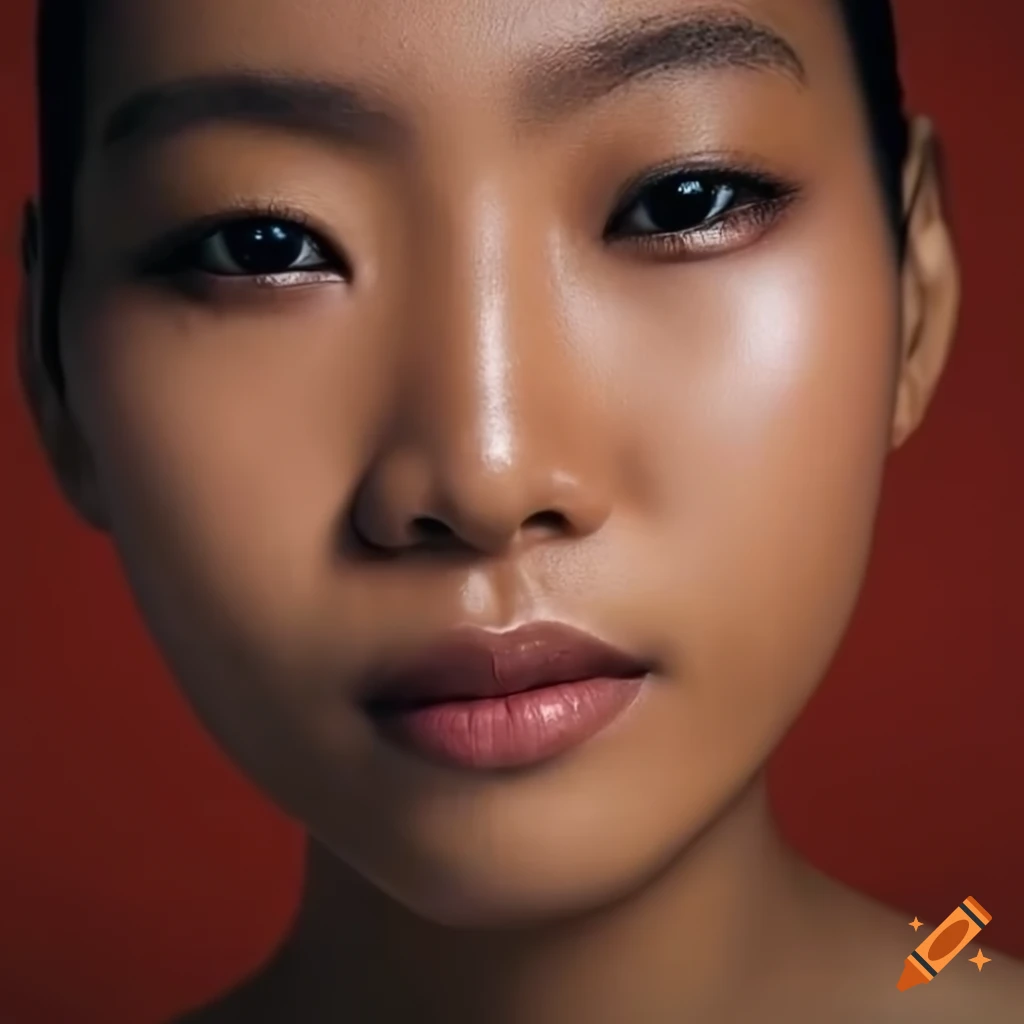 Makeup and skincare products being used by a digital avatar with orange skin tone