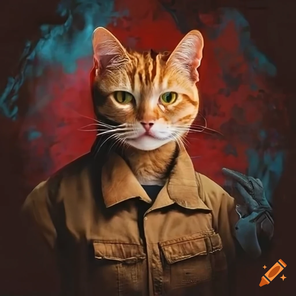 Blade Runner ginger cat in a brown work shirt