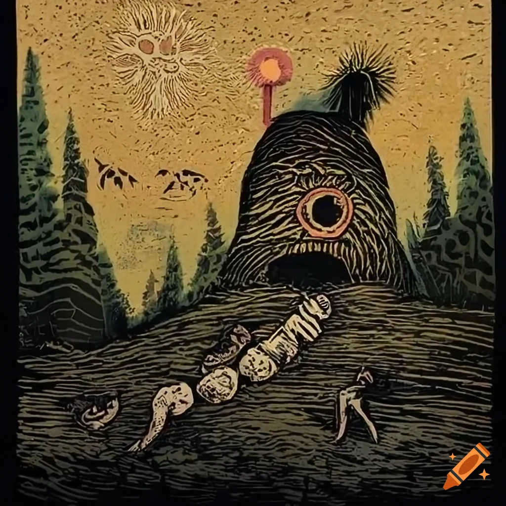 Intricate woodcut art of Baba Yaga's mythical hut on giraffe legs, fur, and feathers
