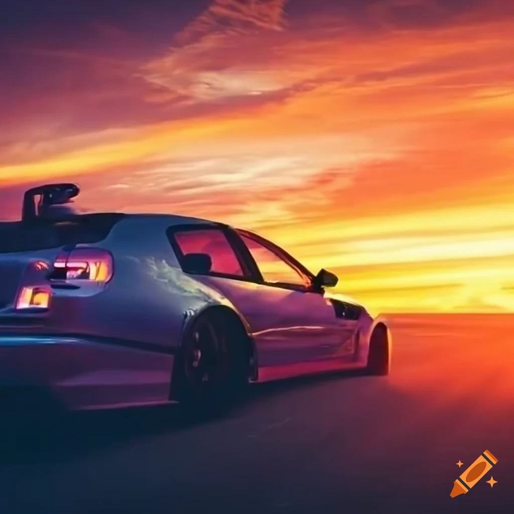 Car drifting around a corner with mountains and a sunset in the background