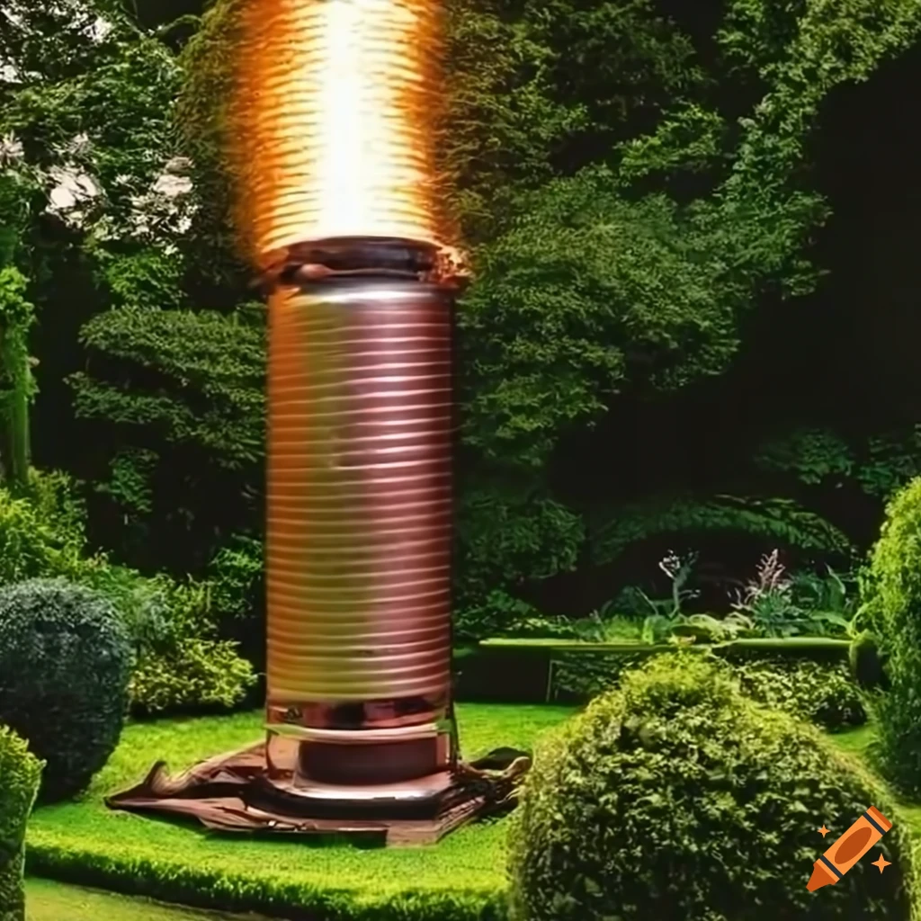 Tesla coil in a potted garden surrounded by electric arcs
