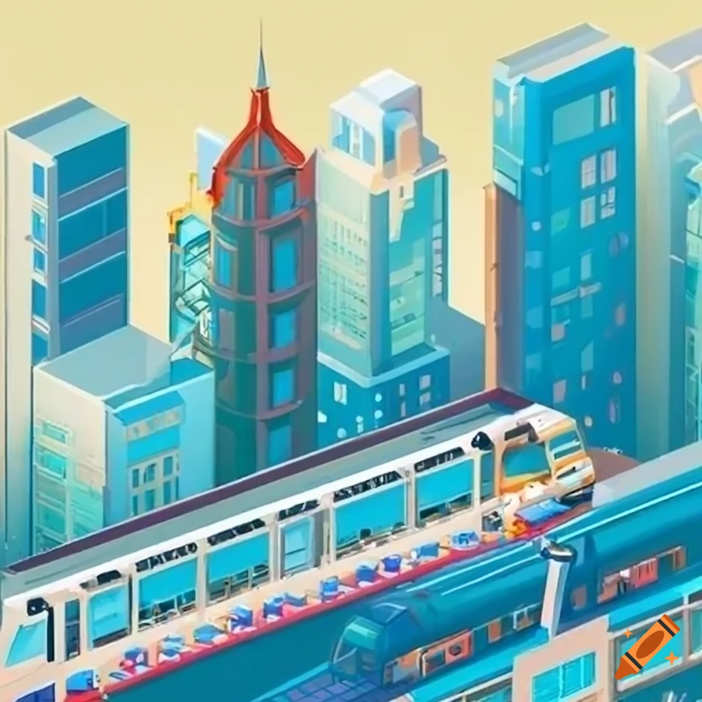 Isometric view of a city with efficient public transportation system on ...