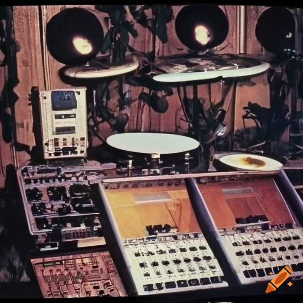 Collection of futuristic electronic percussion instruments in the jungle, 1970's style