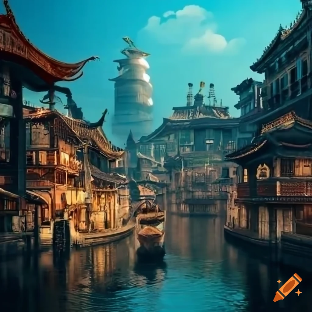 Chinese steampunk port town with 1890 architecture in a lush jungle setting