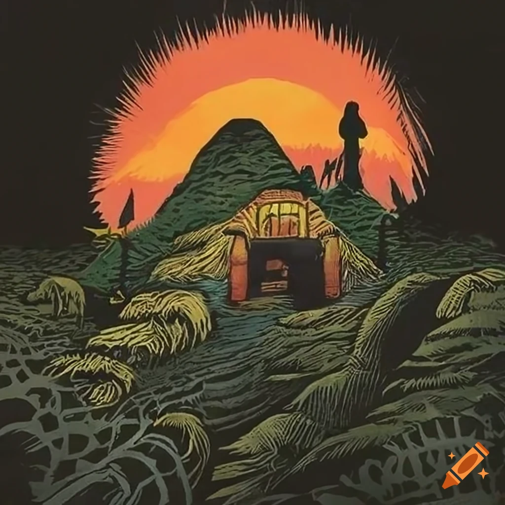 Intricate woodcut of Baba Yaga's surreal hut on giraffe legs at dawn