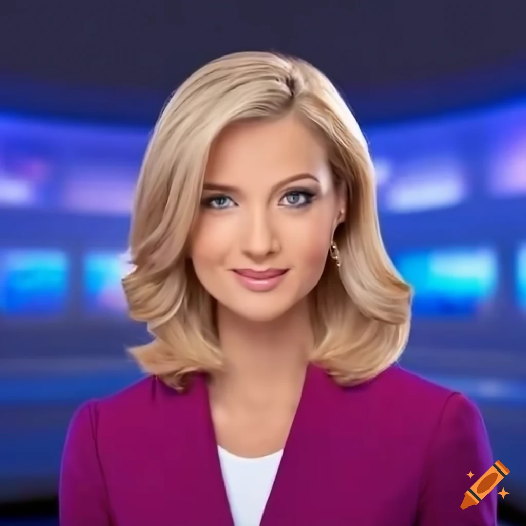 Blond female news anchor making direct eye contact with camera