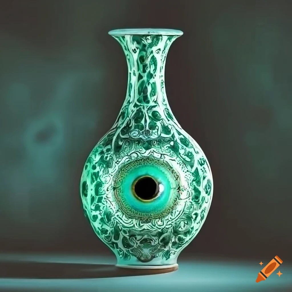 Intricate antique Chinese vase with green and black mandala patterns in dramatic sunlight