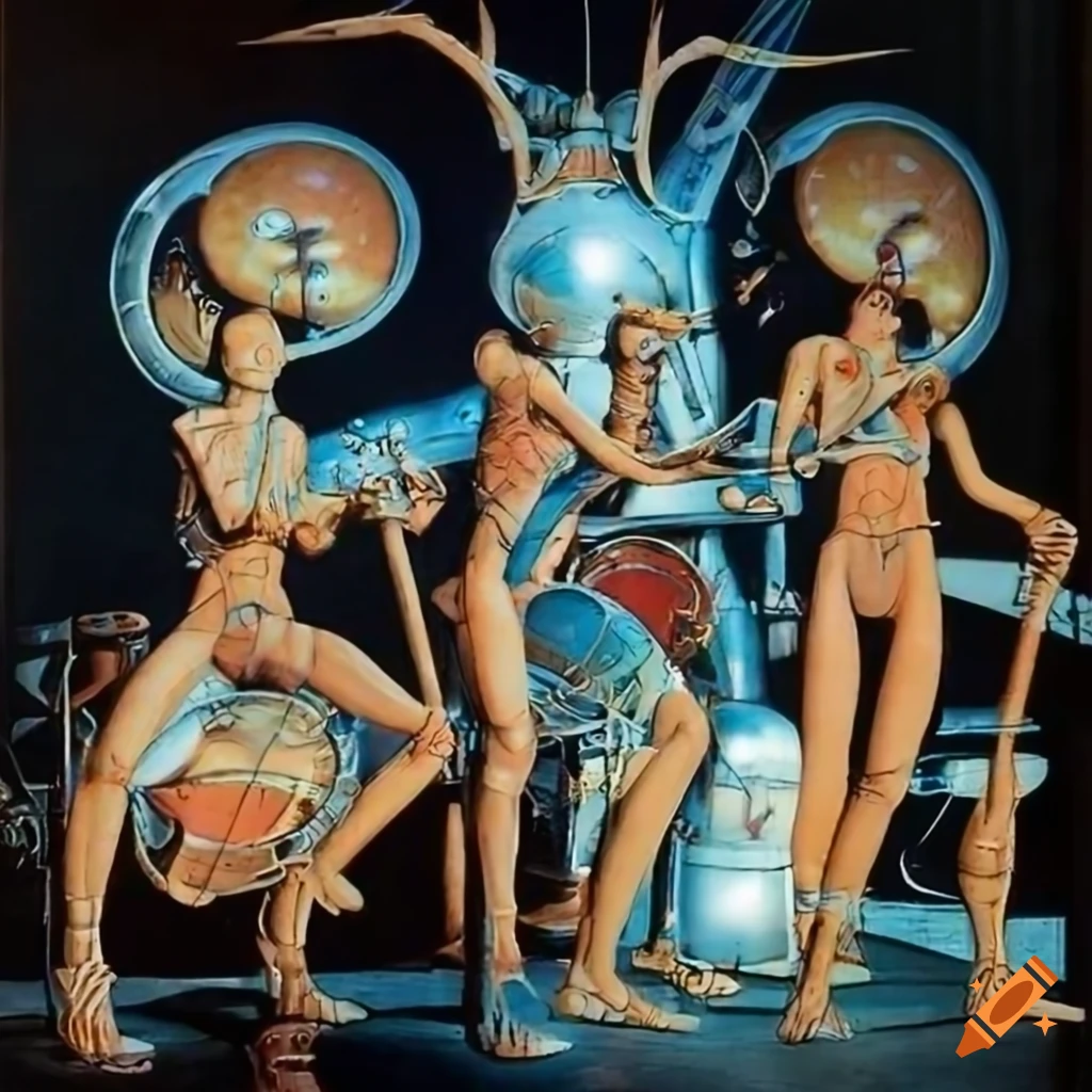 1970's sci-fi art of ancient tribal biomechanoids playing futuristic drums in a music lab