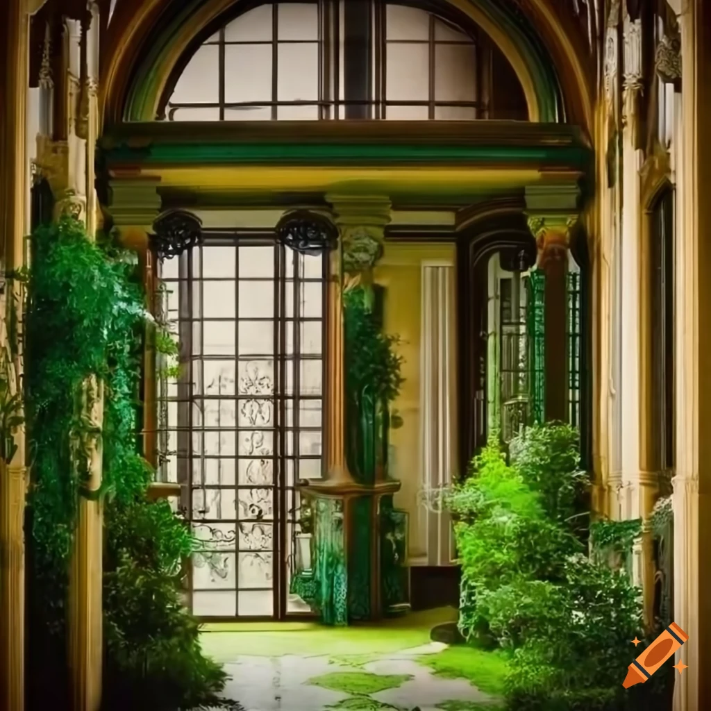Art Nouveau entrance hall with intricate carvings and lush greenery on ...