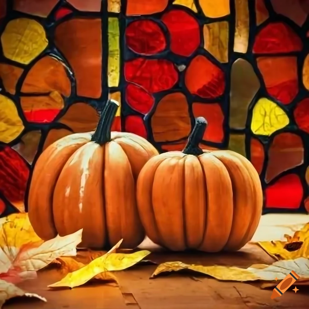 Autumn Stained Glass with pumpkins and leaves icon