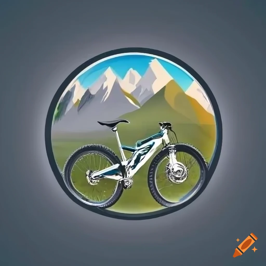 Mountain bike badge with mountain peaks in the background