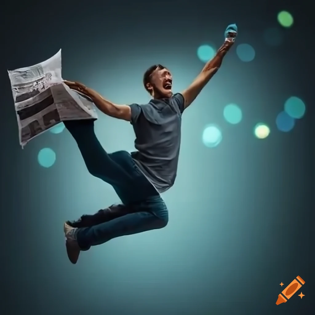 Man joyfully tossing a newspaper in the air