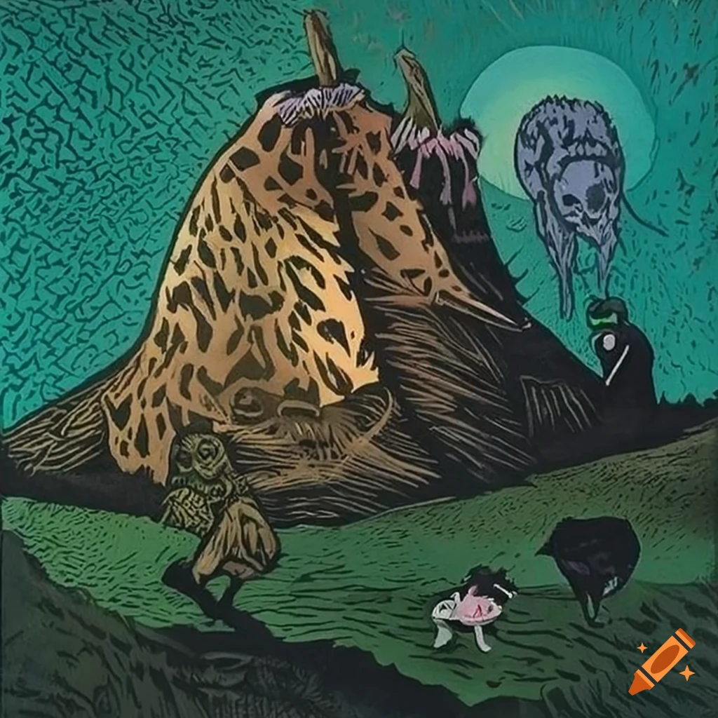 Intricate woodcut of Baba Yaga's mythical hut on giraffe leg pillars