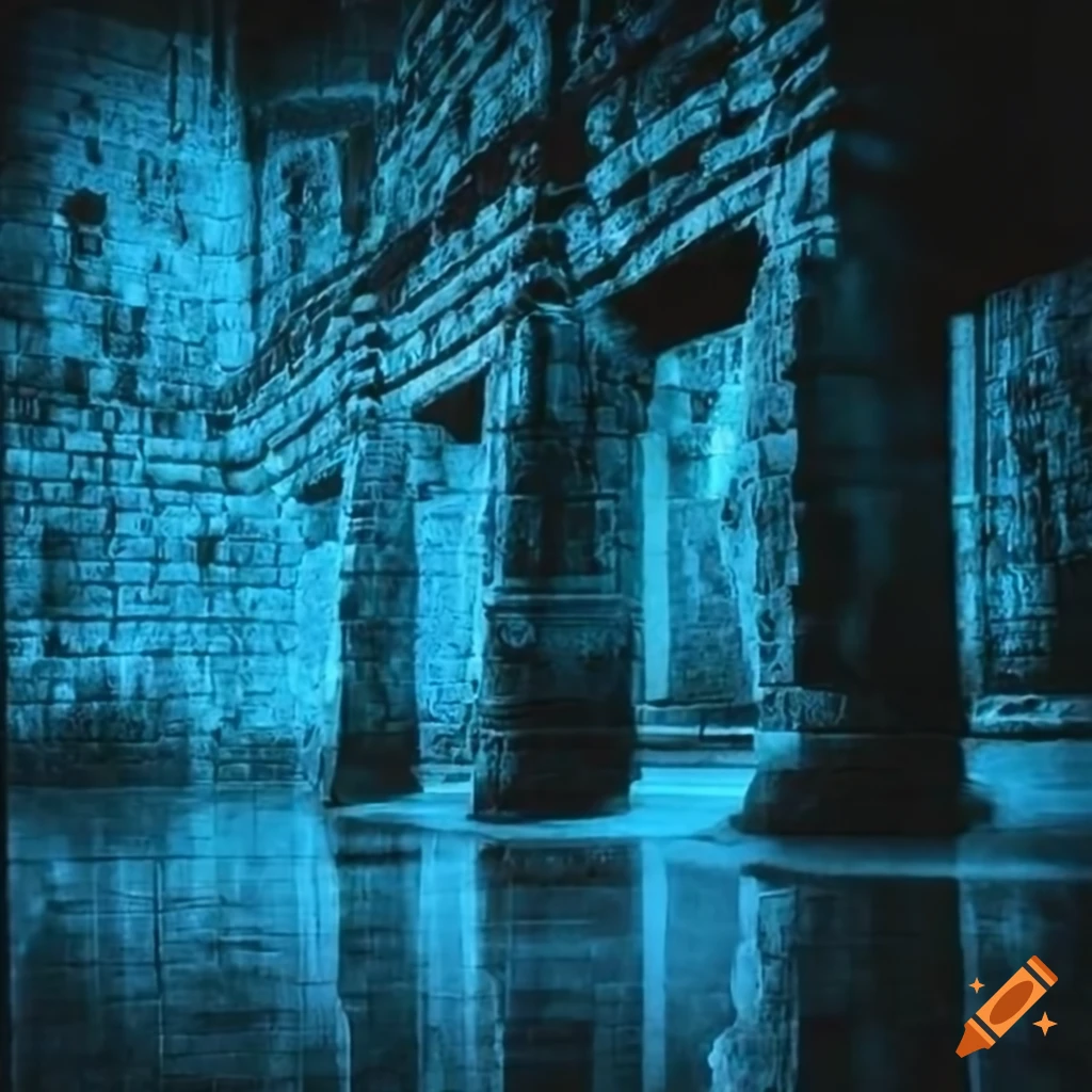 Ancient Aztec temple ruins in shadows with cold blue light on Craiyon