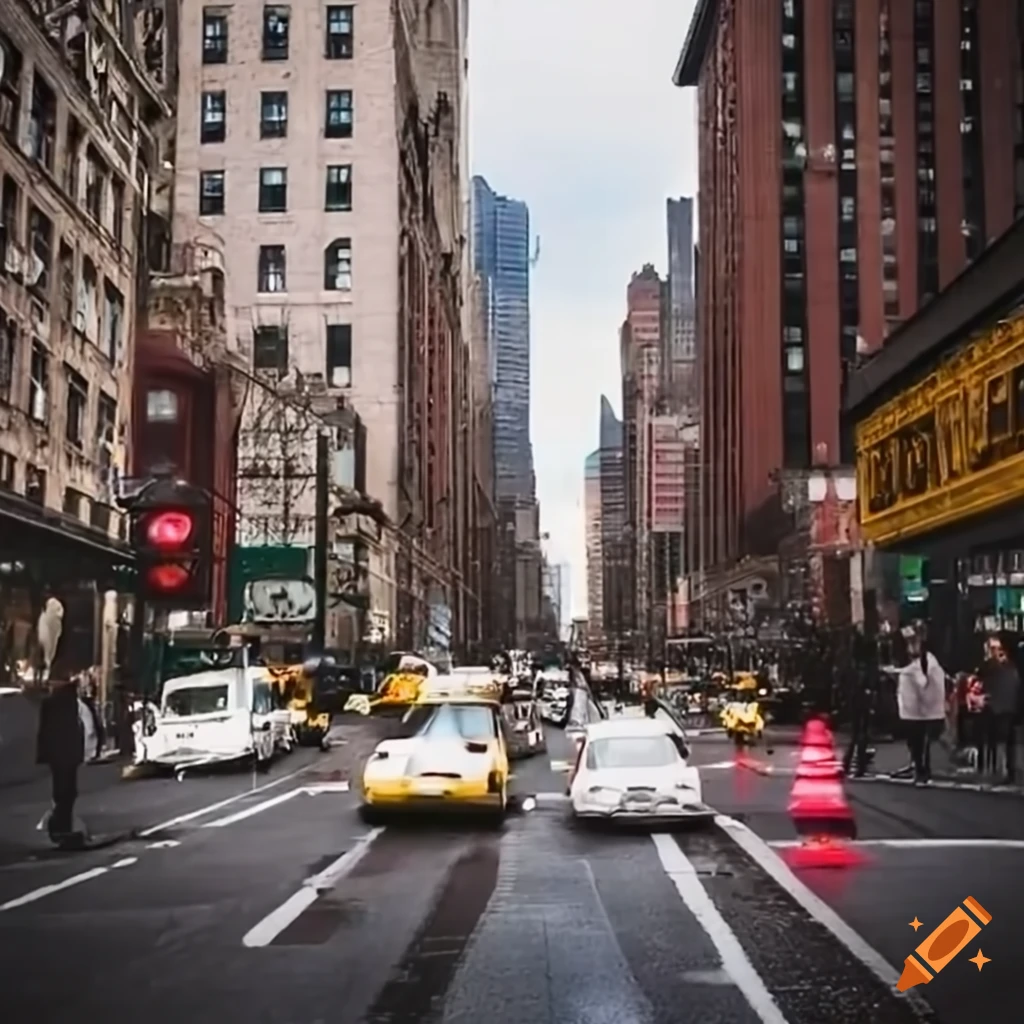 Busy Manhattan street with traffic lights and yellow taxi cabs