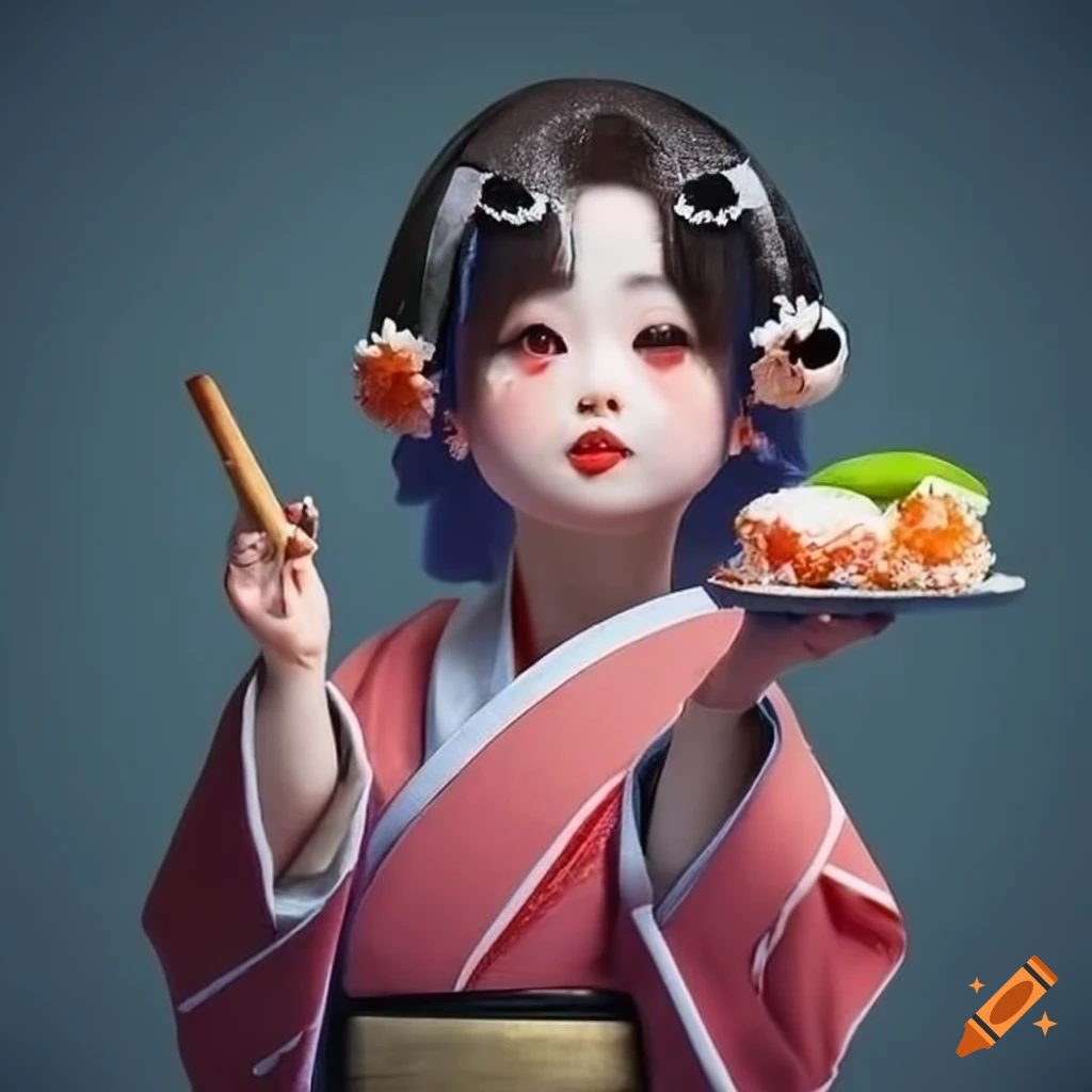 Traditional Japanese character holding a sushi dish