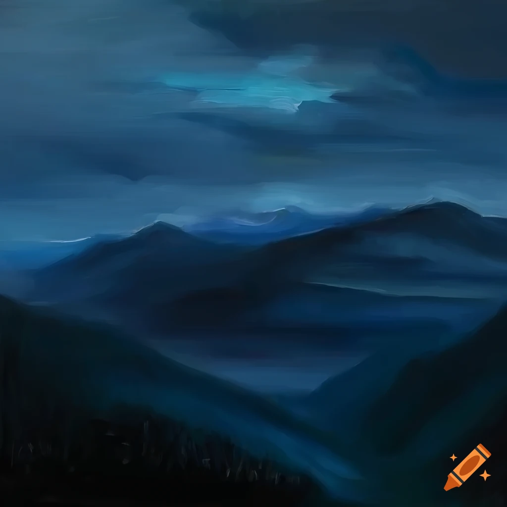 Detailed landscape oil painting of hills at night under cloudy weather