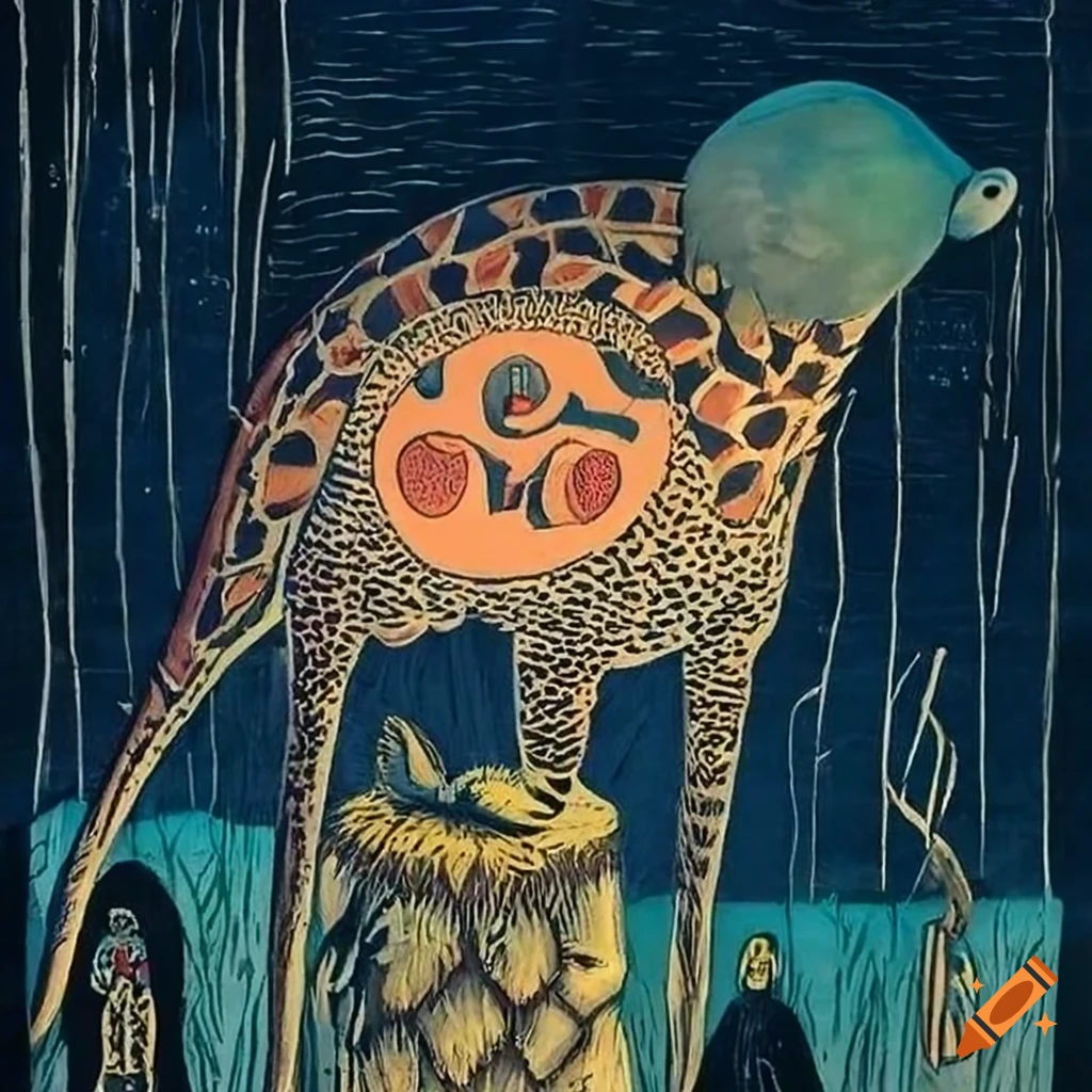 Colorful artwork of Baba Yaga's mythical hut on giraffe legs made of fur and feathers