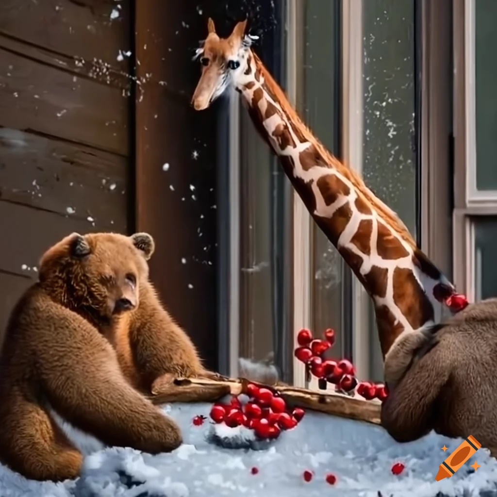 Giraffe and bear eating red berries at a table with snowy scenery outside