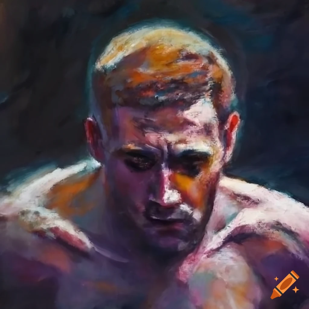 Impressionist painting of two intense European men in a passionate MMA match