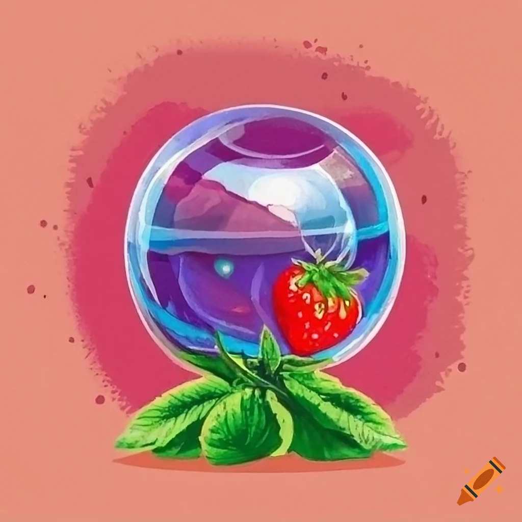 Crystal ball with a red strawberry inside in ink art style