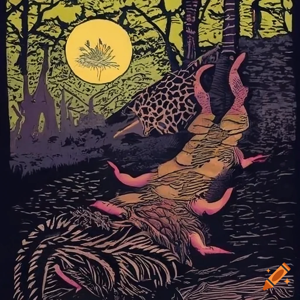 Intricate woodcut of Baba Yaga's mythical hut on giraffe leg pillars
