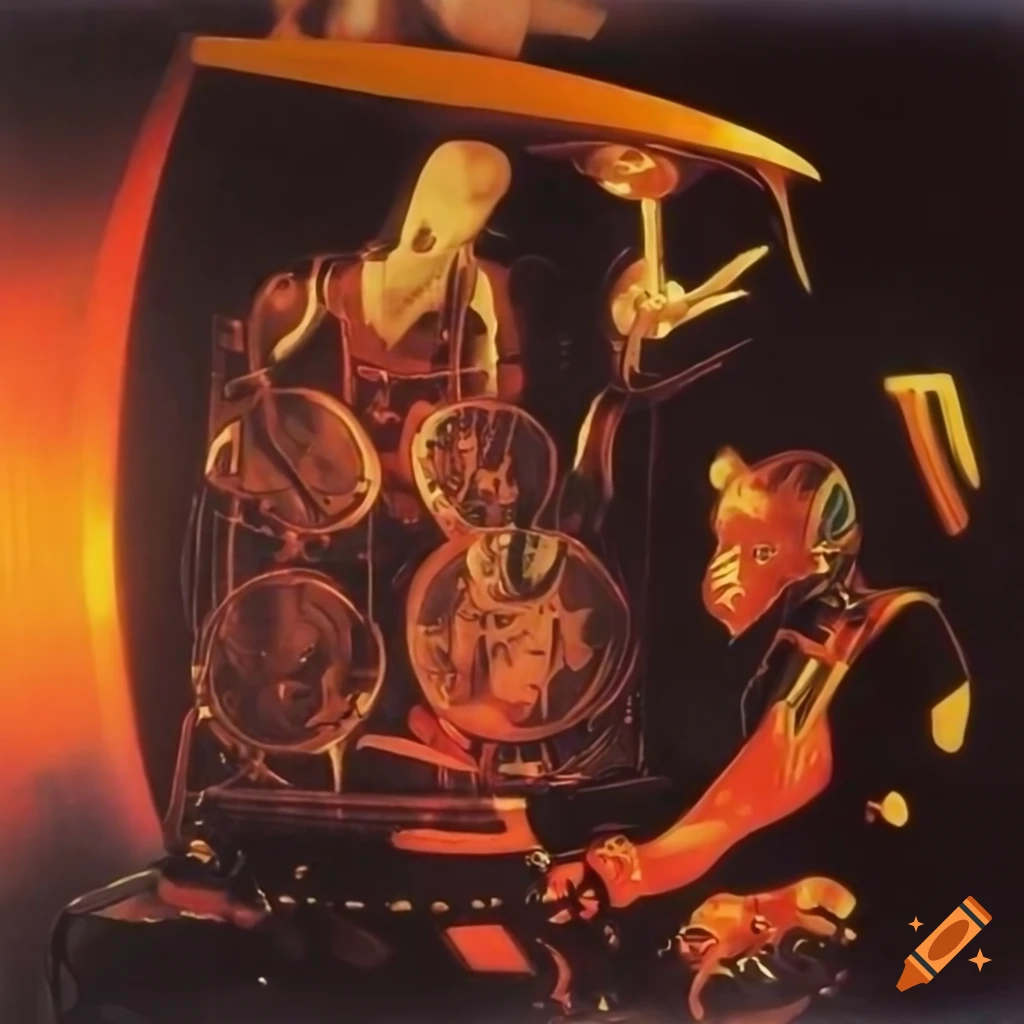 1970's airbrush sci-fi art by Hajime Sorayama featuring biomechanoids playing drums in a futuristic music lab