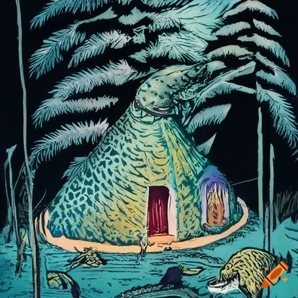 Intricate woodcut art of Baba Yaga's mythical hut on giraffe legs, fur, and feathers