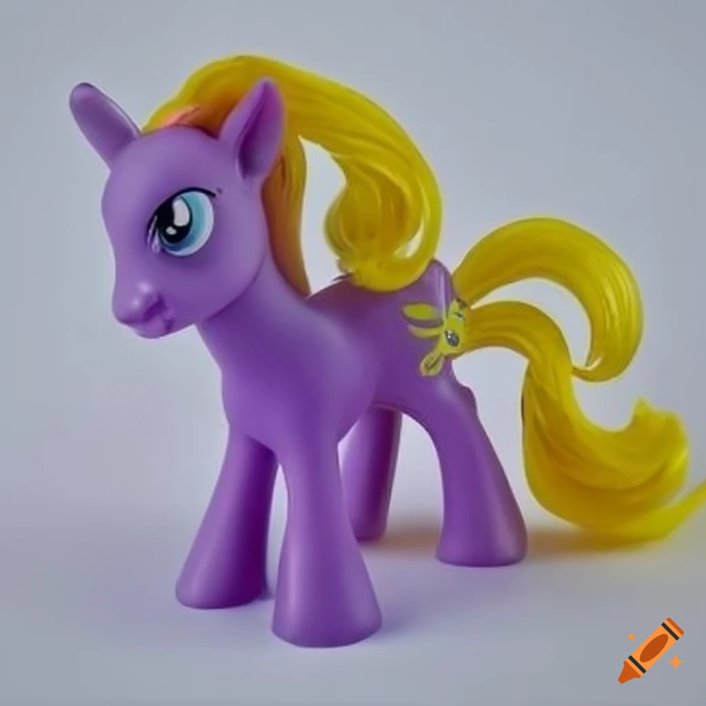 Funky yellow and purple Mlp resin figure on a white backdrop