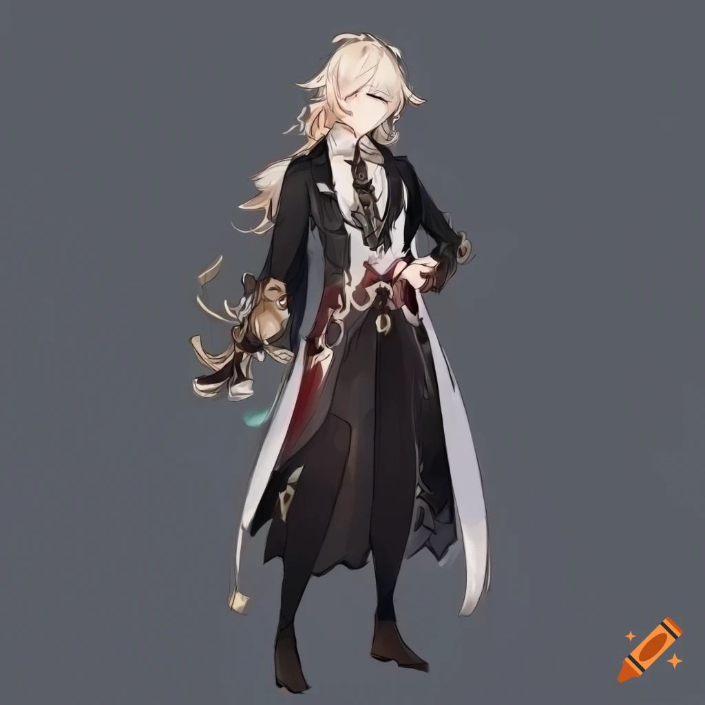 Full-body character design sheet of a man from Genshin Impact in elegant clothing with long hair