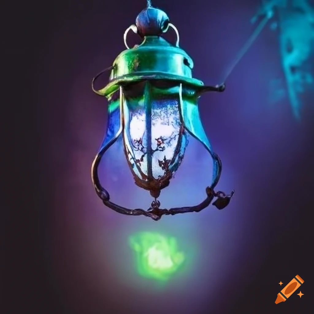 Antique iron lantern with colorful flames
