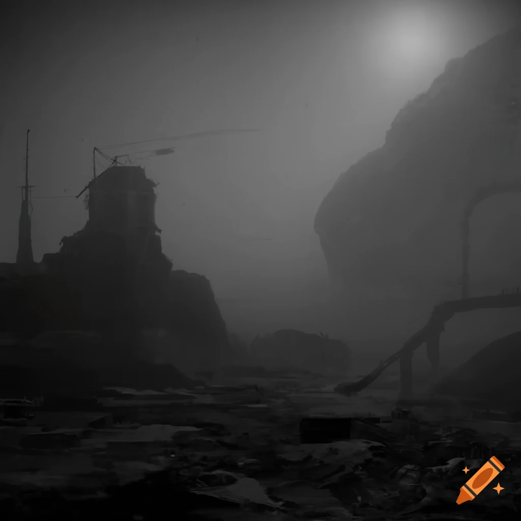 Primordial desert quarry with industrial complex in thick fog