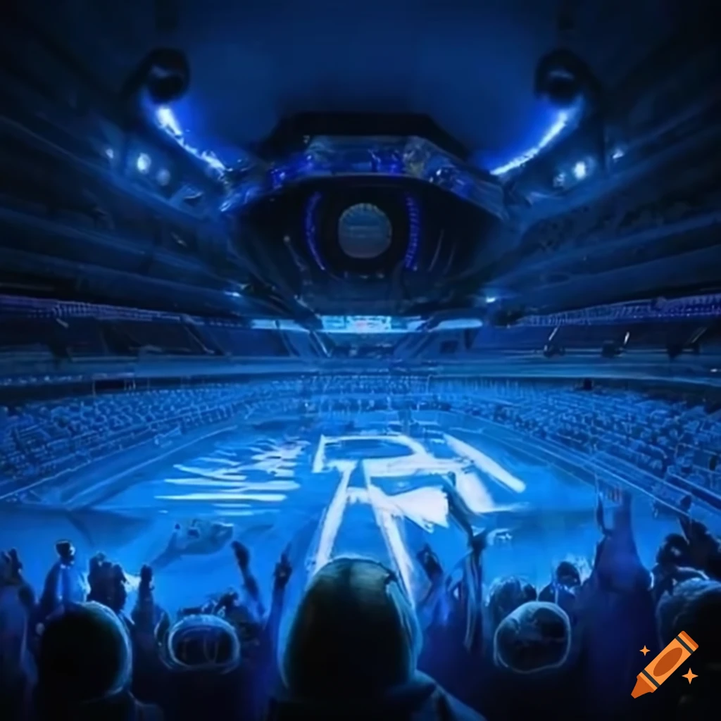 Retrofuturistic sports fans cheering for a blue hockey team in a cosmic arena